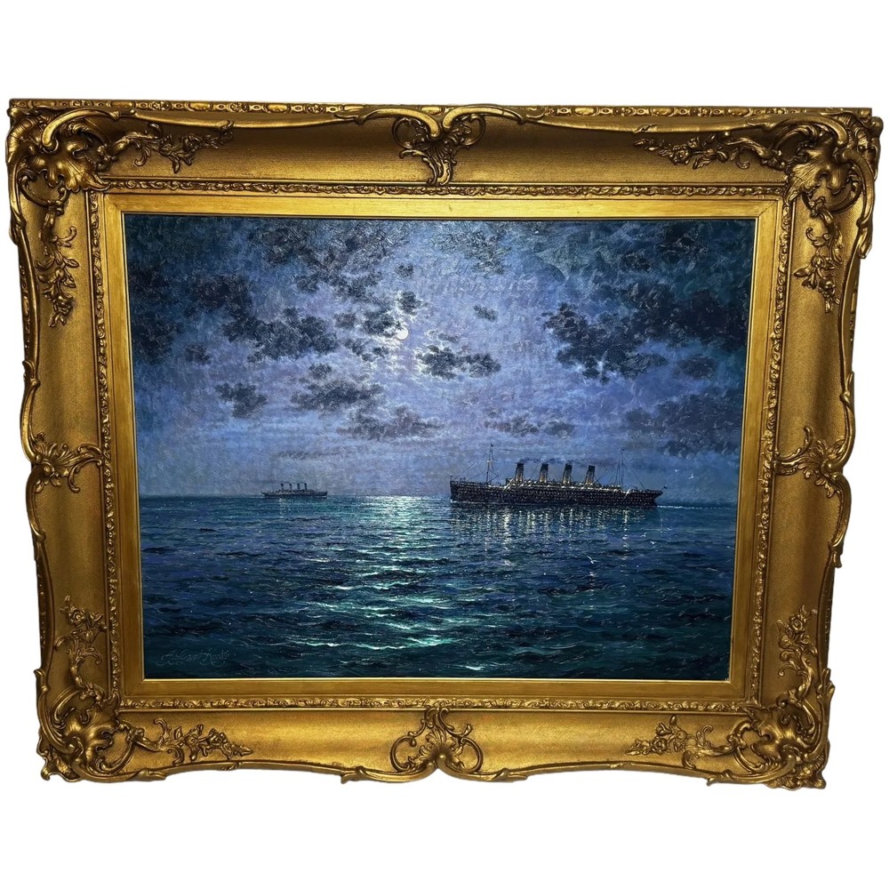 Ships That Pass In the Night RMS Titanic Under Nocturnal Moon with RMS Olympic