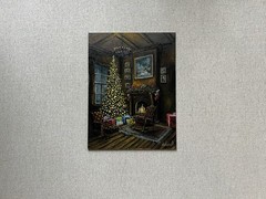 Cozy Christmas Fireplace Oil Painting, Glowing Christmas Tree, Holiday Artwork