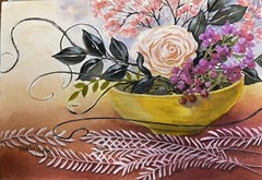 Pamela Wilhelm original 7”x10” Watercolor Bowl Pink Rose Berries, Still Life