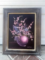 Nona Taylor floral roses 1950s O/C 21.5″x17.5″ still life Flower Purples & Pinks