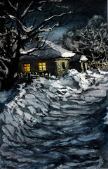Christmas Night Watercolor Painting Landscape Original Winter Country House Art
