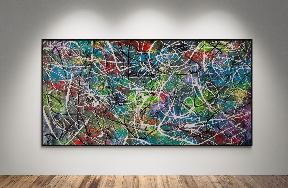 XXL Jackson Pollock Style Colorful Abstract Art Textured Painting 59×30 in