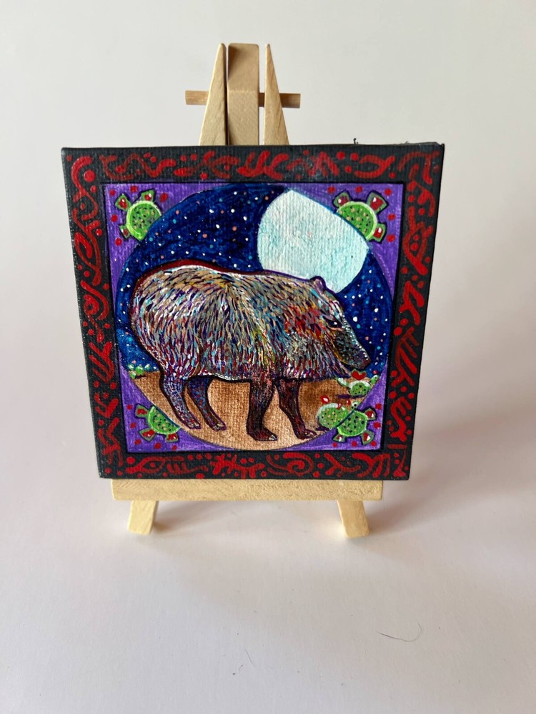 „Javelina with Prickly Pear“ Folk-art Painting by Taos, NM Artist F. D. Aragon