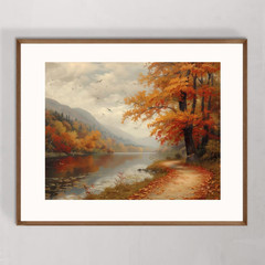 Vintage Fall Landscape Wall Art – Rustic Autumn Forest Oil Painting Print – Coun
