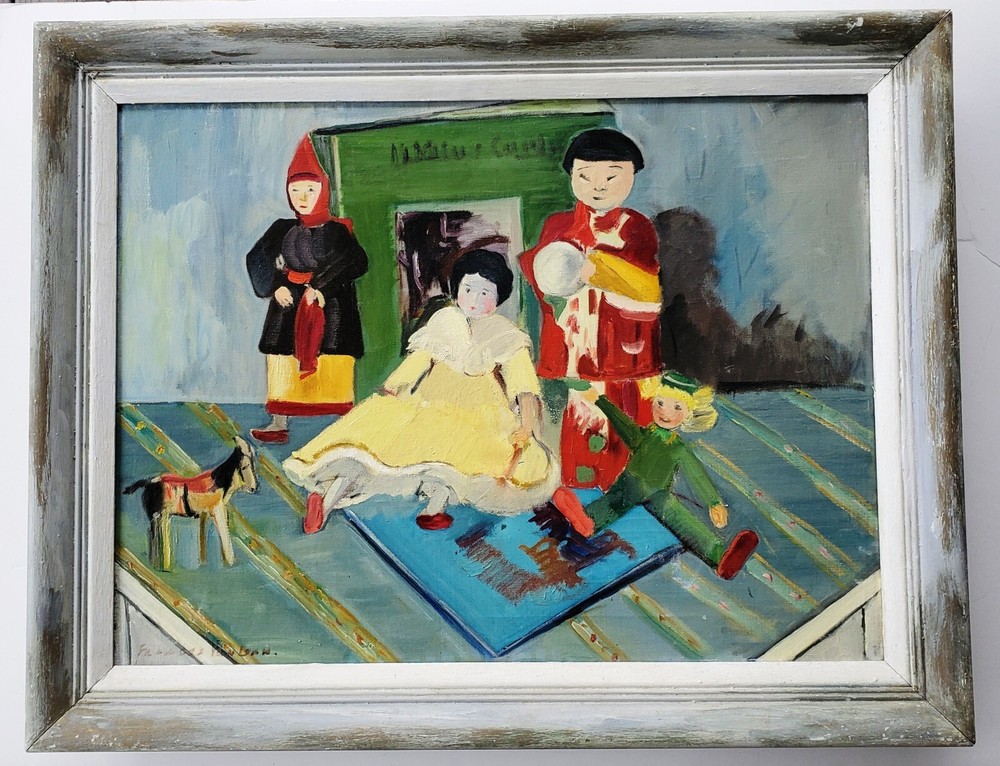 Large Midcentury Oil Painting, Still Life with Dolls – Signed Frances van Loan