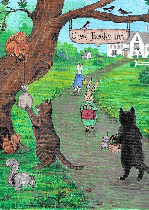 5×7 PRINT OF PAINTING RYTA EASTER BLACK CAT SQUIRREL TABBY BUNNY RABBIT Folk Art