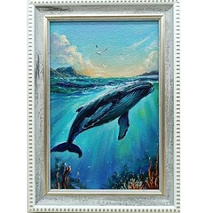 Blue Whale Original Oil Painting 4×6 Framed Signed Ocean Nautical Seascape Art