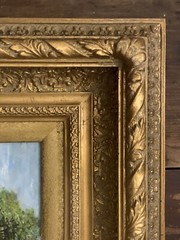 VTG Signed Summer Landscape Trees Lake Mtns Canvas Frame 20.5”T 18 3/8”W 3.75”D