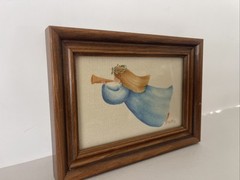 Theorem Painting Velvet Folk Art Framed Angel Trumpet Signed 4.75×6.25” Vintage
