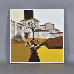 Frank Walcutt Mid-Century Modern Painting Homestead Painting White Brown Yellow