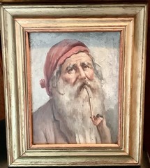 Antique European Oil Painting On Board Portrait of Old Man Smoking Pipe Framed