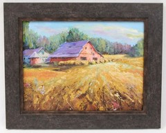 Alice Harpel 9×12 Oil Painting Barn Landscape Indiana Farm Hay Bales Sunset