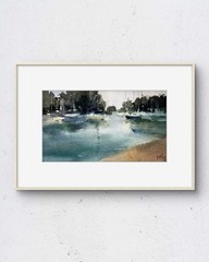 Sailboats No.1 7×4 Original Watercolor Painting Landscape Fine Art Wall Decor