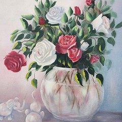 Vintage MCM Oil Painting Roses Floral Still Life Pink Elephants Signed SCP Frame