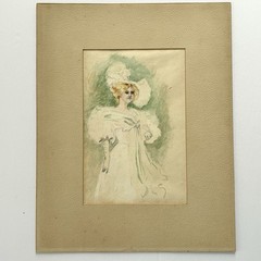 Antique Watercolor and Pencil Drawing Victorian Woman In Feathered Hat 1890’s