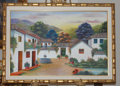 FRAMED SIG. ORIGINAL OIL RUSTIC LATIN AMERICAN HOUSE VILLA SCENE ARTIST: RAMIREZ