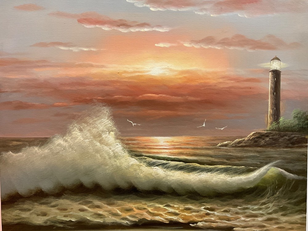 Oil Painting 20×24″ Ocean waves under sunset, seagulls flying, lighthouse