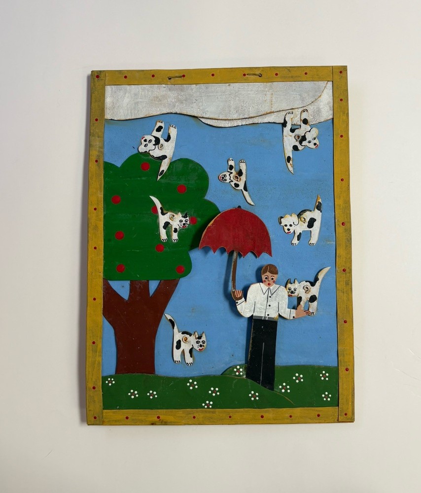 Folk Art Sculpture Painting Raining Cats And Dogs Metal Mixed Media Rescue Dog