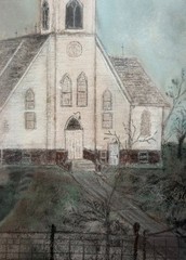 VINTAGE ORIGINAL PENCIL/CHALK FRAMED PAINTING WHITE STEEPLE CHURCH SCENE ARTWORK