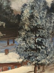 Winter Cottage With Creek Oil On Wood Painting By Victor 17 1/16×14 1/32 Framed