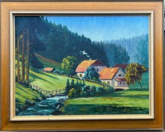 ::OIL PAINTING FARMHOUSE WITH VILLAGE IN THE MOUNTAINS IN THE BLACK FOREST INDISTINCT SIGN.