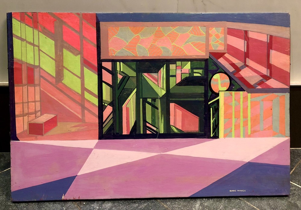 Vintage Cubist Hard-Edge Oil Painting On Wooden Panel 1956 Rupert S McMahon