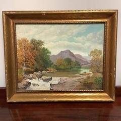 Landscape Oil Painting On Board American West Western Mountains River Boulders