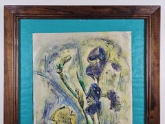 Vintage Original Signed Ron Edge Watercolor & Ink Painting 22×18 Framed Art Iris