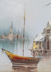 Original Oil Painting Signed Fleet Framed Harbor Scene Fishing Junk Sailing Boat