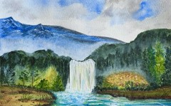 Watercolor Painting Original 12 X 8.25 Inches Of A Waterfall Mountain Scape