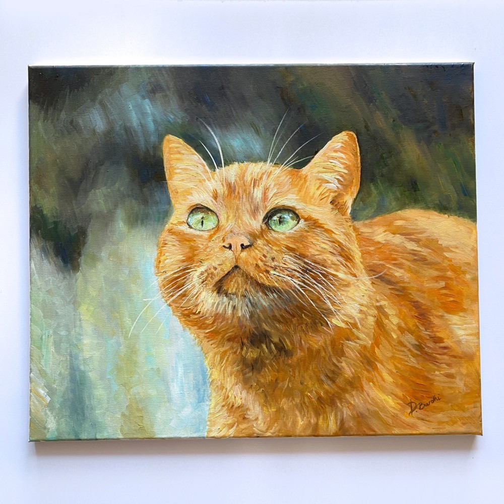Original Oil Painting Canvas Ginger Cat with Green Eyes 20×24 in Signed Art