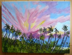 MULVI, DESERT PLEIN AIR MODERN IMPRESSIONISM PALM TREES SUNSET LANDSCAPE SIGNED