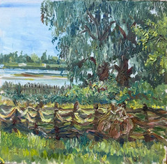 Original Oil Painting „By the River at the Dacha“ – Landscape Artwork – 25×25 cm