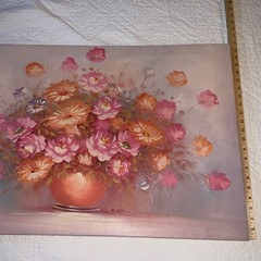 Vintage modernist pink flower ROSES original art oil painting signed canvas