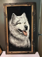 Vintage Black Velvet Wolf Painting Wood Framed Mexico Dog Husky Samoyed
