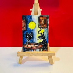 Black Cats Moonlight Night ACEO Original Abstract Folk Art Acrylic Painting OOAK