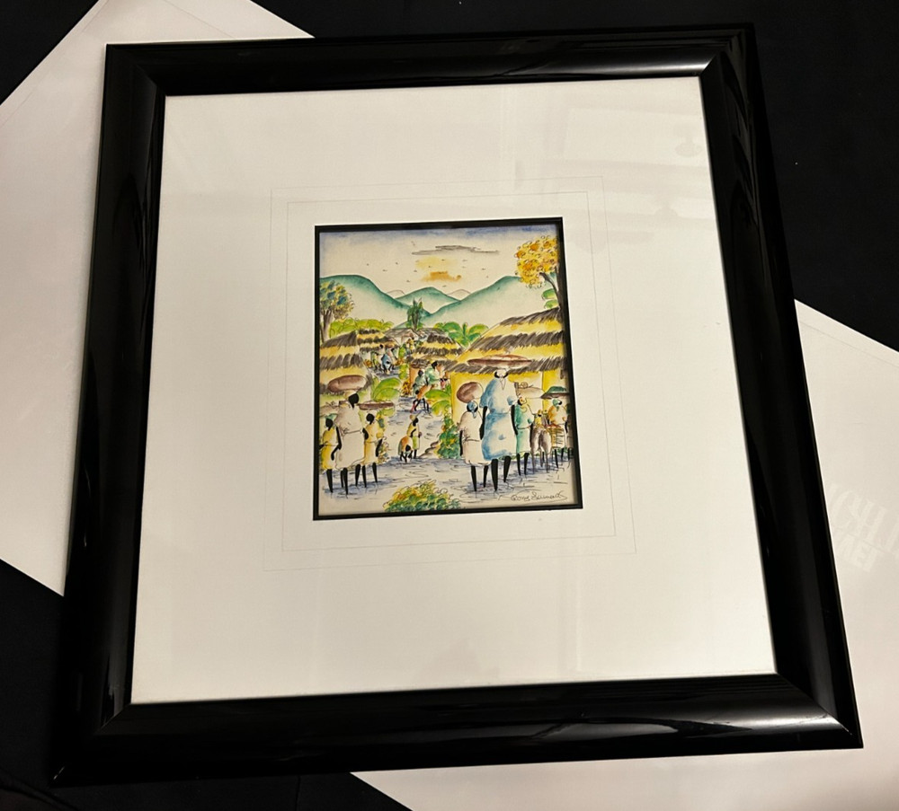 Rony Laurent Haitian Village Scene Framed Matted Painting Haiti Watercolor & Ink
