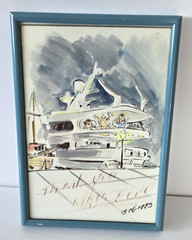 Vintage 1993 Lütfi Küçük Watercolor Caricature Superyacht Azzurra Double Signed