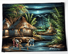 VTG Black Velvet Oil Painting Landscape Tropical Village MCM Original Signed