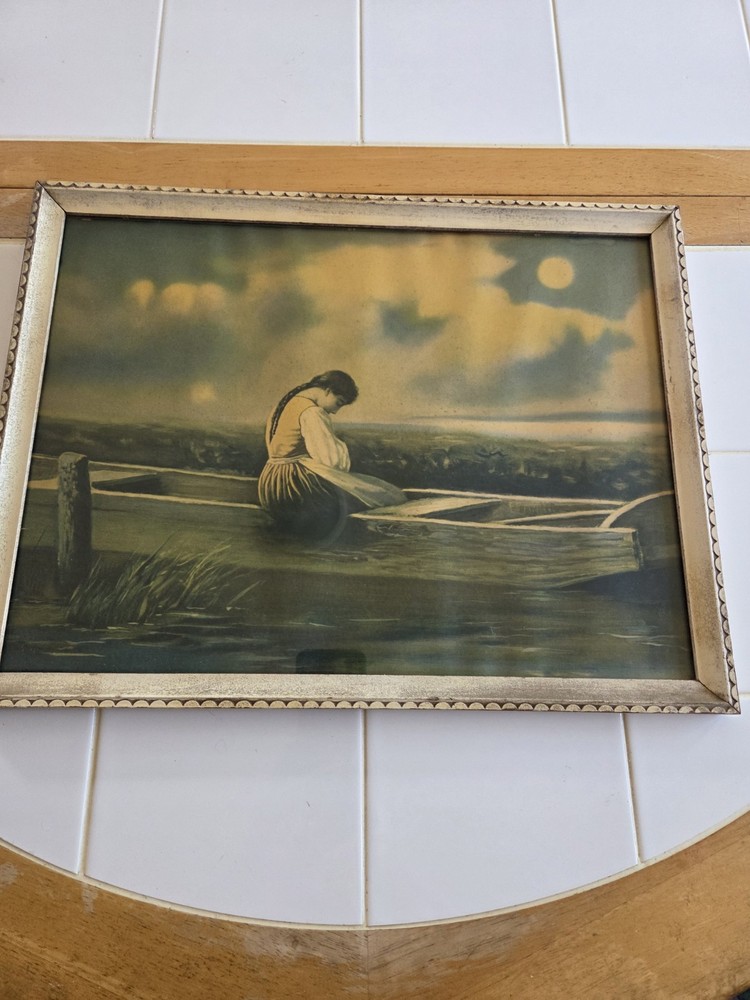 Framed Landscape Art Painting Nature Lake Scene Woman in Boat Single Piece
