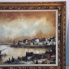 44×32 Original Oil Painting Signed Karoni seaside Bay Sea View Nautical Boat Bay