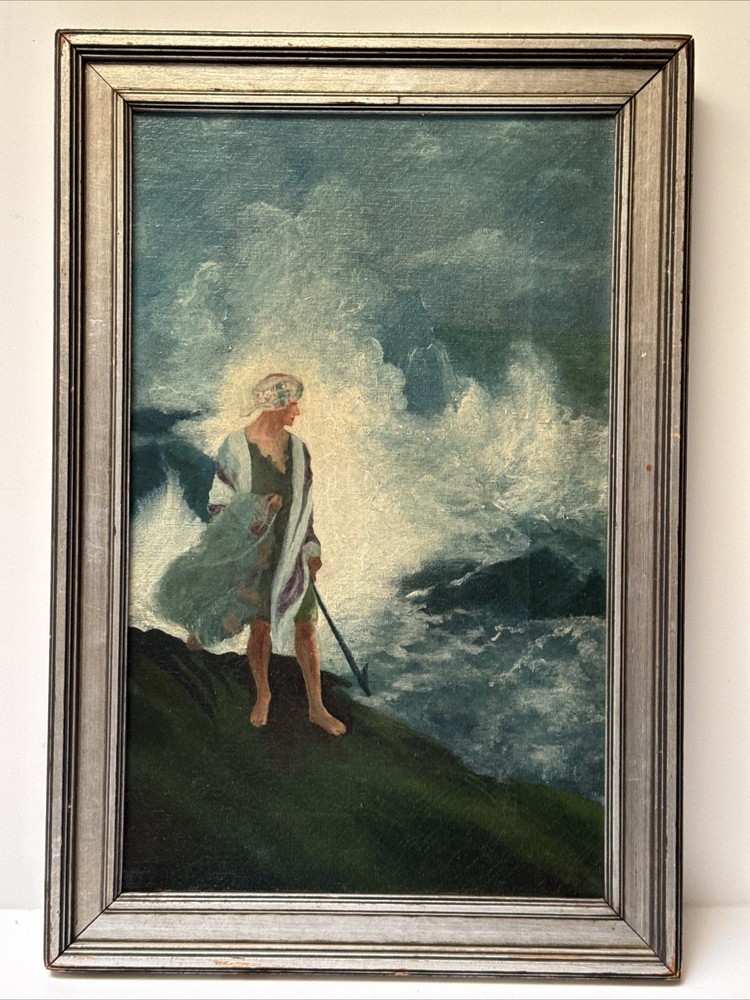Antique Beach Painting Coastal Fisherman Portrait Art Deco Impressionism 1910’s