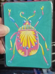ACEO Original Painting Folkart Beetle LSArtz Acrylic Markers on paper