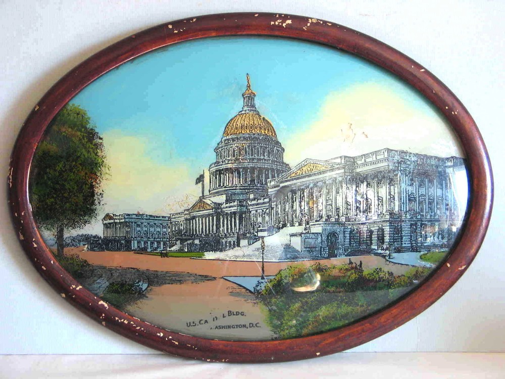 Antique REVERSE Glass Painting US Capitol Building Washington DC 21×15″ FREE SH
