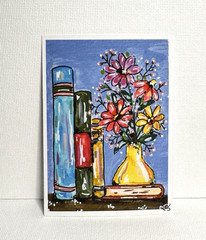 ACEO Original PRINT Flowers and Books, Colorful flower aceo, Floral Books