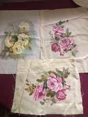 Yellow Pink Hand Painted Roses On Fabric Squares, Victorian Cottage Granny