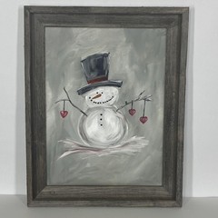 Painting Acrylic On Canvas Original Christmas Snowman Framed 15×19 Holiday Decor