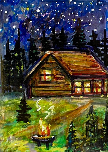 ACEO Original PAINTING Summer CABIN Camping Fire Night Stars Landscape ATC ART