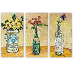 Original Textured Floral Still Life Triptych Oil Painting 3 Canvas panel 16×8″