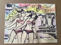 Original watercolor painting signed vintage Alan Larsen? Beach House Ocean LGBT